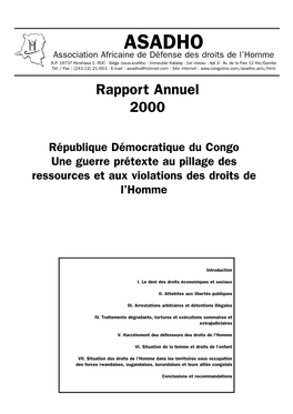 ASADHO Association Africaine De Défense Des Droits De L’Homme B.P