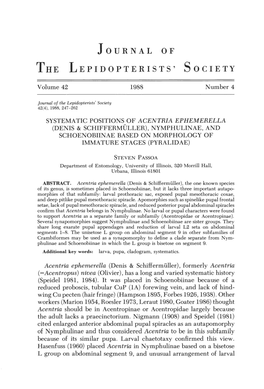 Systematic Positions of Acentria Ephemerella (Denis & Schiffermuller), Nymphulinae, and Schoenobiinae Based on Morphology of Immature Stages (Pyralidae)