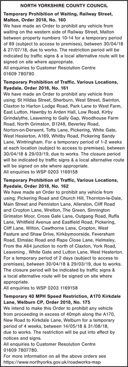NORTH YORKSHIRE COUNTY COUNCIL Temporary Prohibition of Waiting, Railway Street, Malton, Order 2018, No