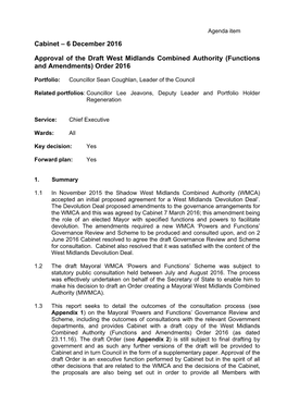 6 December 2016 Approval of the Draft West Midlands Combined