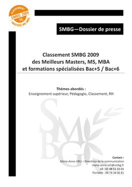 Classement SMBG 2009 Des Meilleurs Masters, MS, MBA Et Formations Spécialisées Bac+5 / Bac+6