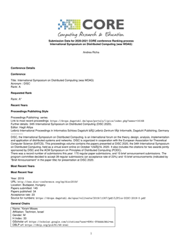 Submission Data for 2020-2021 CORE Conference Ranking Process International Symposium on Distributed Computing (Was WDAG)