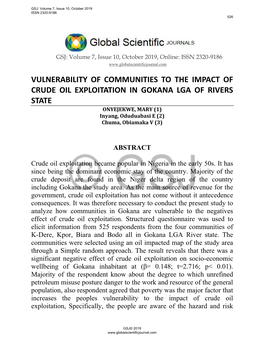 VULNERABILITY of COMMUNITIES to the IMPACT of CRUDE OIL EXPLOITATION in GOKANA LGA of RIVERS STATE ONYEJEKWE, MARY (1) Inyang, Oduduabasi E (2) Chuma, Obiamaka V (3)