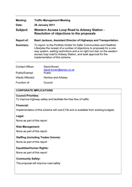 Subject: Western Access Loop Road to Arlesey Station - Resolution of Objections to the Proposals