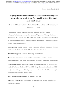 Phylogenetic Reconstruction of Ancestral Ecological Networks Through Time for Pierid Butterﬂies and Their Host Plants