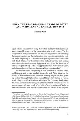 Libya, the Trans- Saharan Trade of Egypt, and 'Abdallah Al- Kahhal, 1880