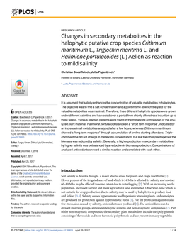 Changes in Secondary Metabolites in the Halophytic Putative Crop Species Crithmum Maritimum L., Triglochin Maritima L