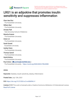 LRG1 Is an Adipokine That Promotes Insulin Sensitivity and Suppresses Infammation