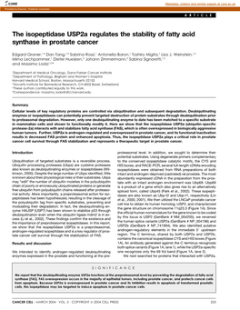 The Isopeptidase Usp2a Regulates the Stability of Fatty Acid Synthase in Prostate Cancer