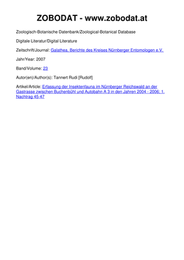 Erfassung Der Insektenfauna Im Nürnberger Reichswald an Der Gastrasse Zwischen Buchenbühl Und Autobahn a 3 in Den Jahren 2004 - 2006; 1