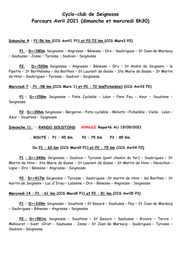 Cyclo-Club De Seignosse Parcours Avril 2021 (Dimanche Et Mercredi 8H30)