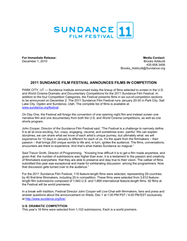 2011 Sundance Film Festival Announces Films in Competition