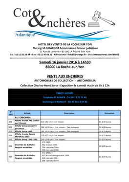 VENTE AUX ENCHERES AUTOMOBILES DE COLLECTION - AUTOMOBILIA Collection Charles-Henri Sorin - Exposition Le Samedi Matin De 9H À 12H