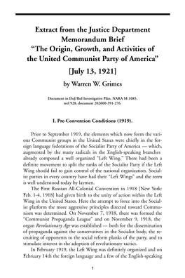 Extract from the Justice Department Memorandum Brief “The Origin, Growth, and Activities of the United Communist Party of America” [July 13, 1921] by Warren W