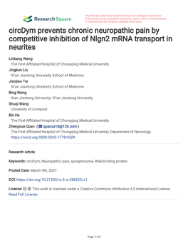 Circdym Prevents Chronic Neuropathic Pain by Competitive Inhibition of Nlgn2 Mrna Transport in Neurites