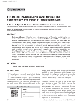 Firecracker Injuries During Diwali Festival: the Epidemiology and Impact of Legislation in Delhi