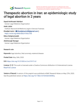 Therapeutic Abortion in Iran: an Epidemiologic Study of Legal Abortion in 2 Years