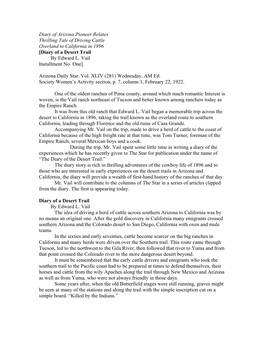 Diary of Arizona Pioneer Relates Thrilling Tale of Driving Cattle Overland to California in 1896 [Diary of a Desert Trail by Edward L