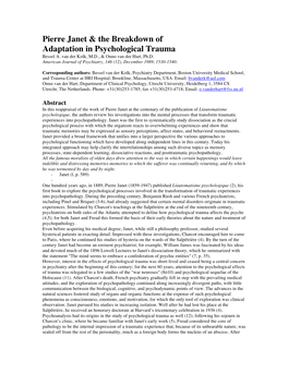 Pierre Janet & the Breakdown of Adaptation in Psychological Trauma