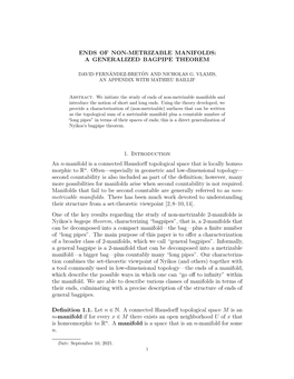 ENDS of NON-METRIZABLE MANIFOLDS: a GENERALIZED BAGPIPE THEOREM 1. Introduction an N-Manifold Is a Connected Hausdorff Topologic