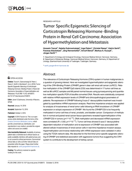 Tumor Specific Epigenetic Silencing of Corticotropin Releasing Hormone -Binding Protein in Renal Cell Carcinoma: Association of Hypermethylation and Metastasis