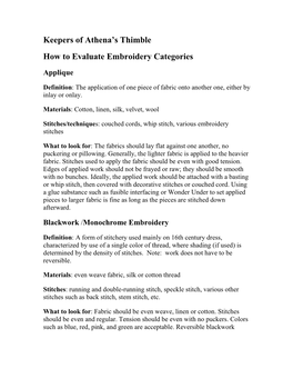 Keepers of Athena's Thimble How to Evaluate Embroidery Categories