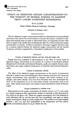 Effect of Dissolved Oxygen Concentrations on the Toxicity of Several Poisons to Rainbow Trout (Salmo Gairdnerii Richardson)