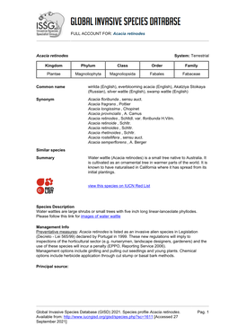 Acacia Retinodes Global Invasive Species Database (GISD)