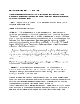 Final Report and Recommendations from the Metropolitan Area Standards Review Committee to the Office of Management and Budg