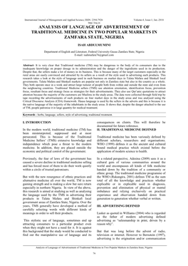 Analysis of Language of Advertisement of Traditional Medicine in Two Popular Markets in Zamfara State, Nigeria