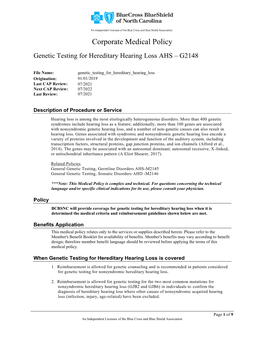 Genetic Testing for Hereditary Hearing Loss AHS – G2148