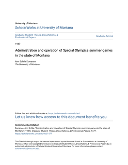 Administration and Operation of Special Olympics Summer Games in the State of Montana