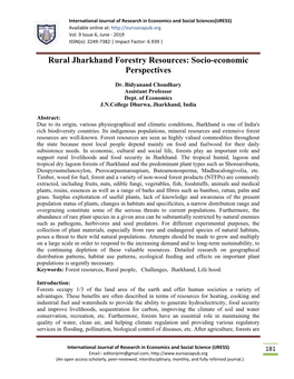 Rural Jharkhand Forestry Resources: Socio-Economic Perspectives