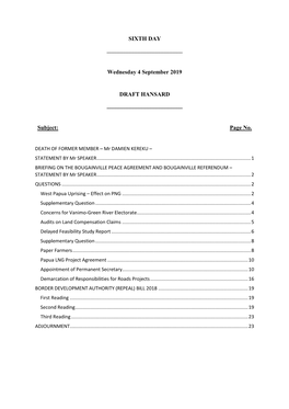 Wednesday 4 September 2019 DRAFT HANSARD