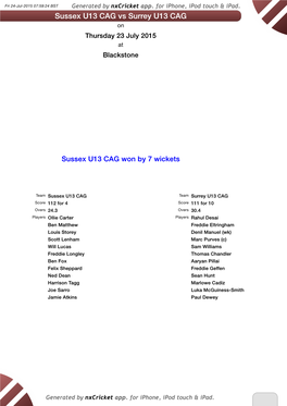 Sussex U13 CAG Vs Surrey U13 CAG on Thursday 23 July 2015 at Blackstone