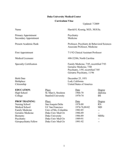 Duke University Medical Center Curriculum Vitae Updated: 7/2009