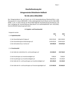 Haushaltssatzung Der Ortsgemeinde Dittelsheim-Heßloch Für Die Jahre 2021/2022