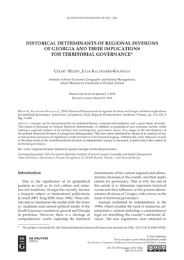 Historical Determinants of Regional Divisions of Georgia and Their Implications for Territorial Governance*