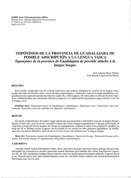 TOPÓNIMOS DE LA PROVINCIA DE GUADALAJARA DE POSIBLE ADSCRIPCIÓN a LA LENGUA VASCA Toponymes De La Province De Guadalajara De Possible Attache a La Langue Basque