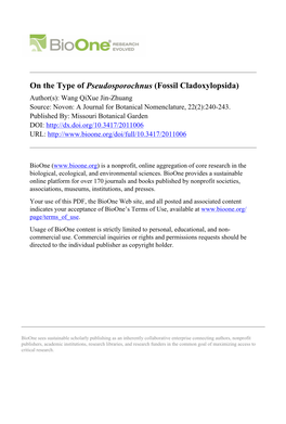 On the Type of Pseudosporochnus (Fossil Cladoxylopsida) Author(S): Wang Qixue Jin-Zhuang Source: Novon: a Journal for Botanical Nomenclature, 22(2):240-243