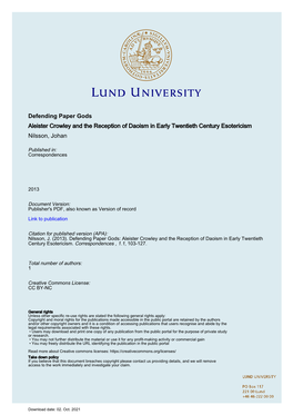 Defending Paper Gods Aleister Crowley and the Reception of Daoism in Early Twentieth Century Esotericism Nilsson, Johan