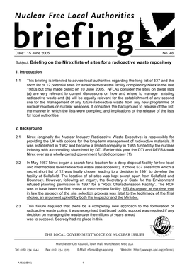 Briefing on the Nirex Lists of Sites for a Radioactive Waste Repository