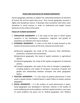 FIELDS and SUB-FIELDS of HUMAN GEOGRAPHY Human