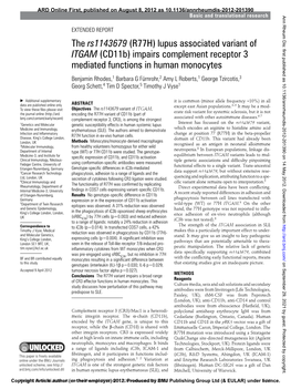 The Rs1143679 (R77H) Lupus Associated Variant of ITGAM (Cd11b) Impairs Complement Receptor 3 Mediated Functions in Human Monocyt