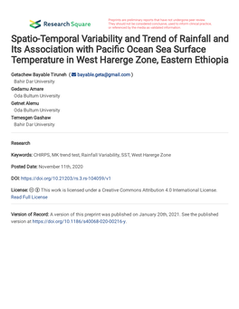 Spatio-Temporal Variability and Trend of Rainfall and Its Association with Paci�C Ocean Sea Surface Temperature in West Harerge Zone, Eastern Ethiopia