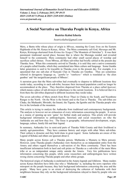 A Social Narrative on Tharaka People in Kenya, Africa