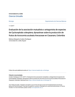 Evaluación De La Asociación Mutualista O Antagonista De Especies De Cyclocephala Coleoptera; Dynastinae Sobre La Producción D