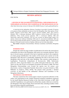 Coleoptera: Chrysomelidae) of Subfamilies Alticinae and Cassidinae of the Mongolian Altai