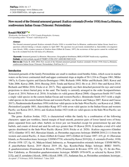 New Record of the Oriental Armoured Gurnard Scalicus Orientalis (Fowler 1938) from La Réunion, Southwestern Indian Ocean (Teleostei: Peristediidae)