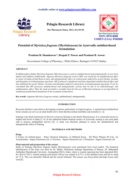 Potential of Myristica Fragrans (Myristicaceae) in Ayurvedic Antidiarrhoeal Formulation